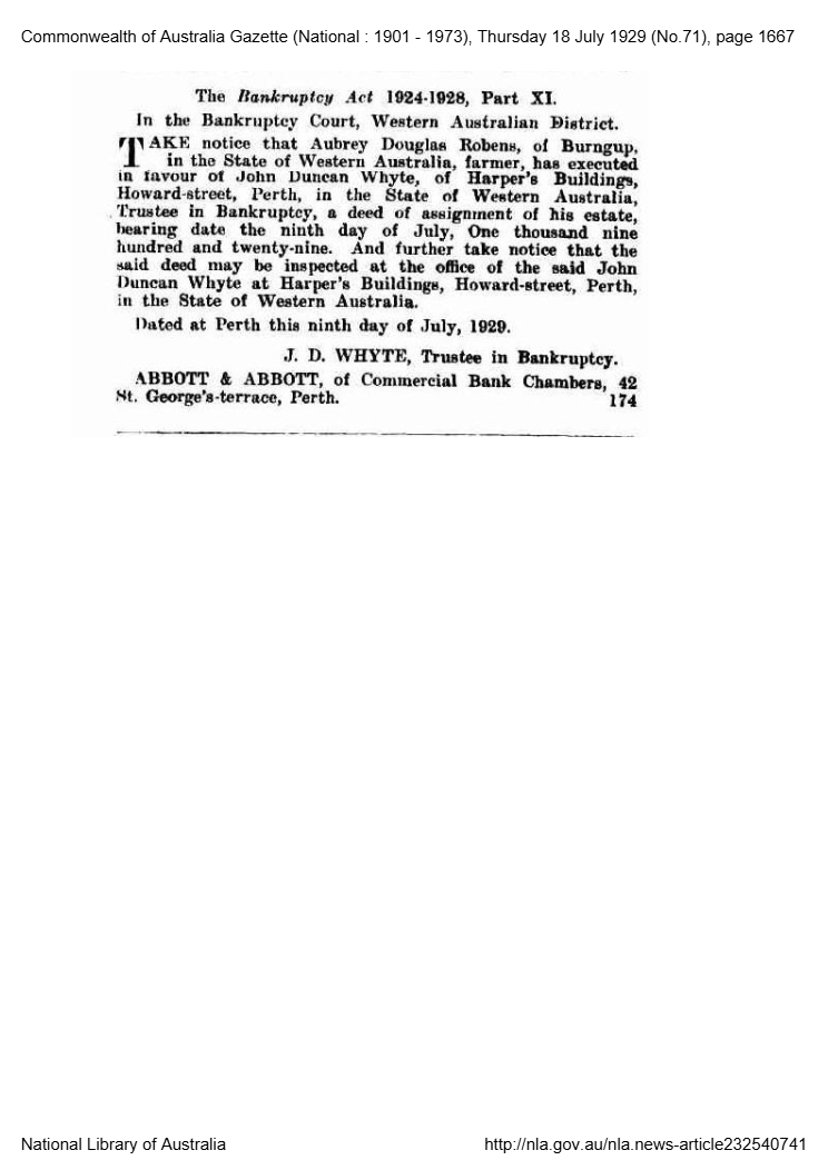 Commonwealth of Australia Gazette notice of a deed of assignment by Aubrey Douglas Robens of Burngup, farmer.