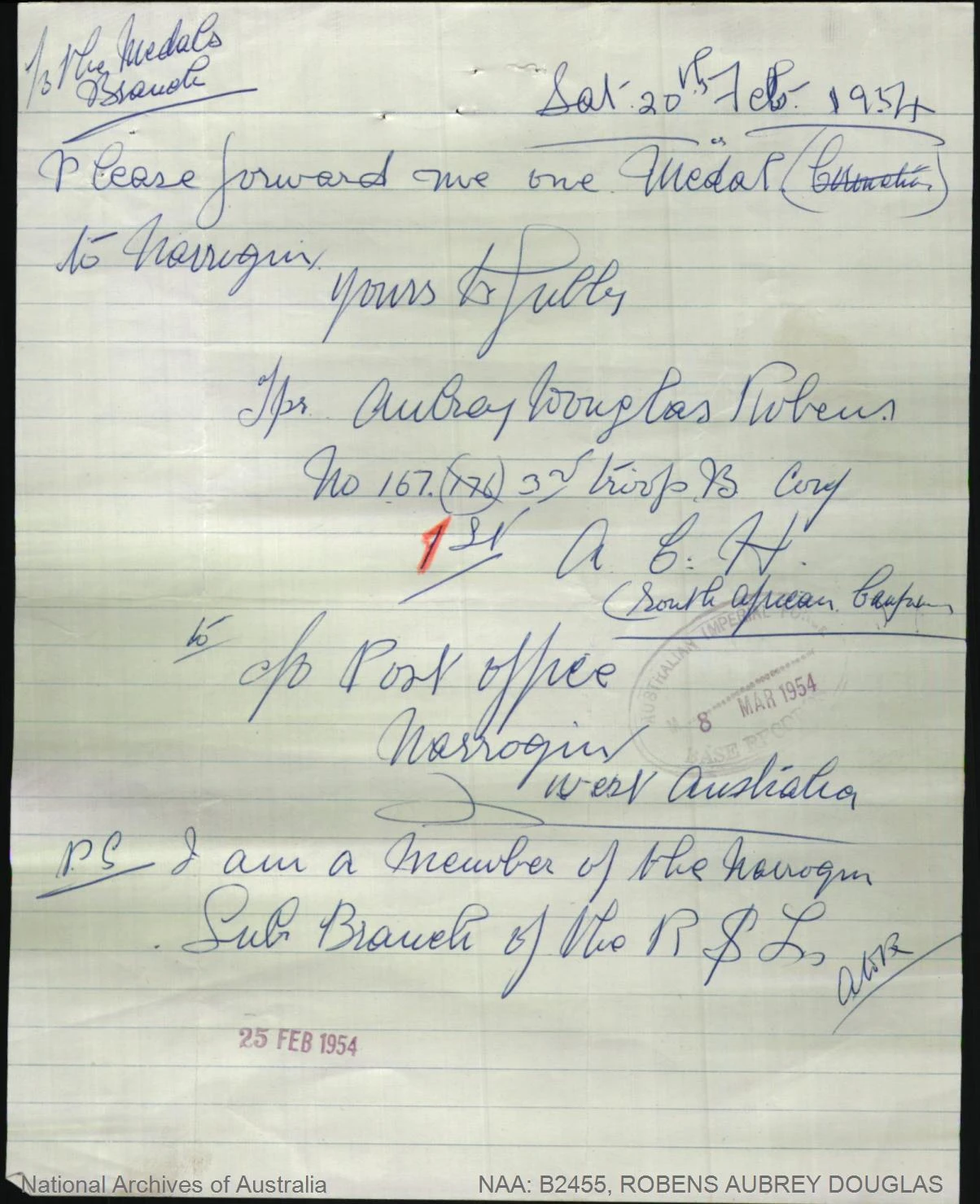 Handwritten letter from Aubrey Douglas Robens to Base Records requesting a medal, dated 20 February 1954.