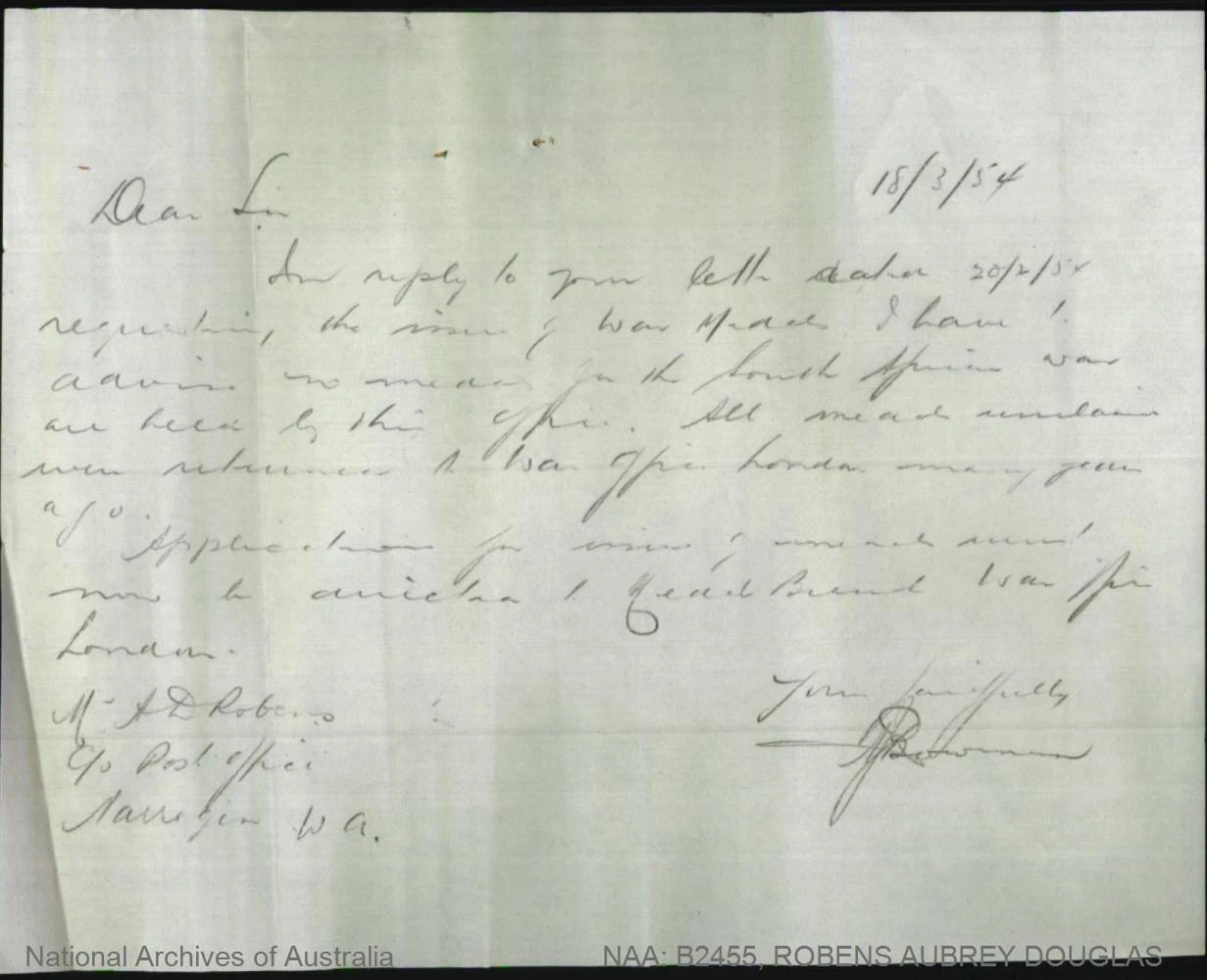 Draft reply from Base Records dated 18 March 1954 declining to issue a medal.
