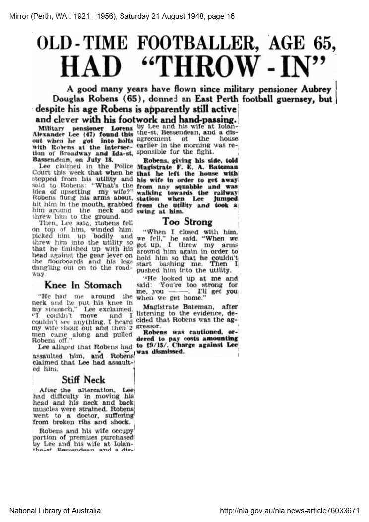Front-page newspaper report headed “Old-Time Footballer, Age 65, Had Throw-In”.