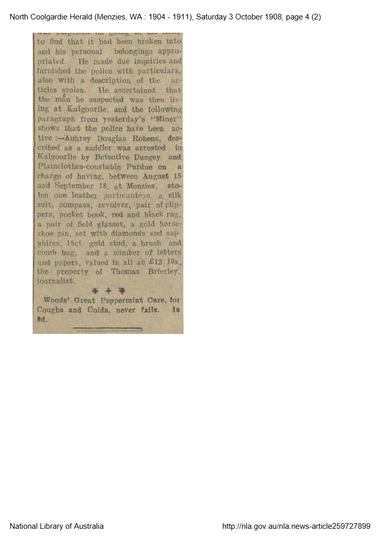 Newspaper column reporting the arrest of Aubrey Douglas Robens at Kalgoorlie and itemising the stolen property.