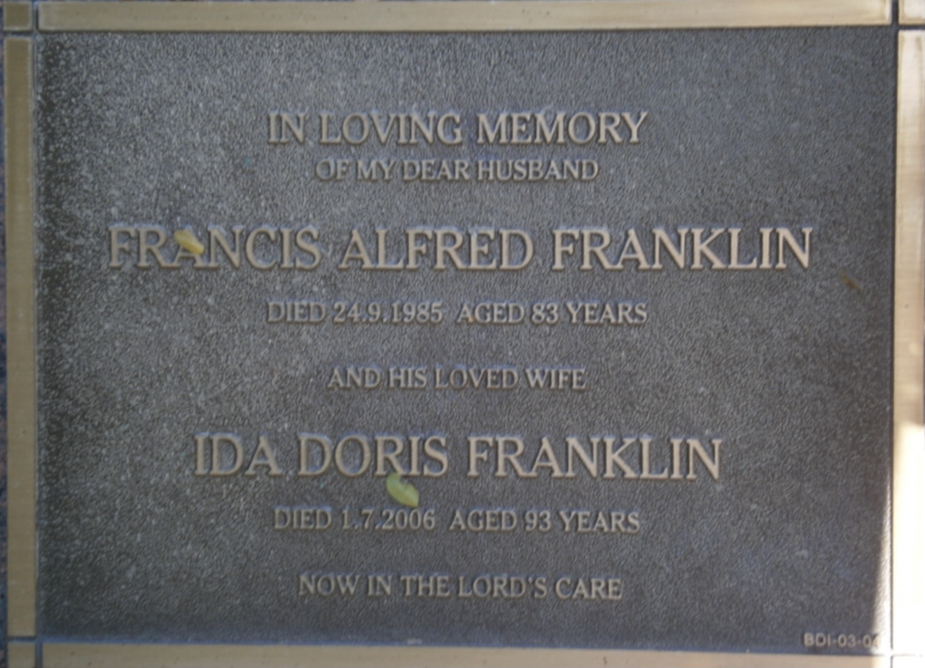 Bronze memorial plaque at Buderim for Francis Alfred Franklin, died 1985, and his wife Ida Doris Franklin, died 2006.