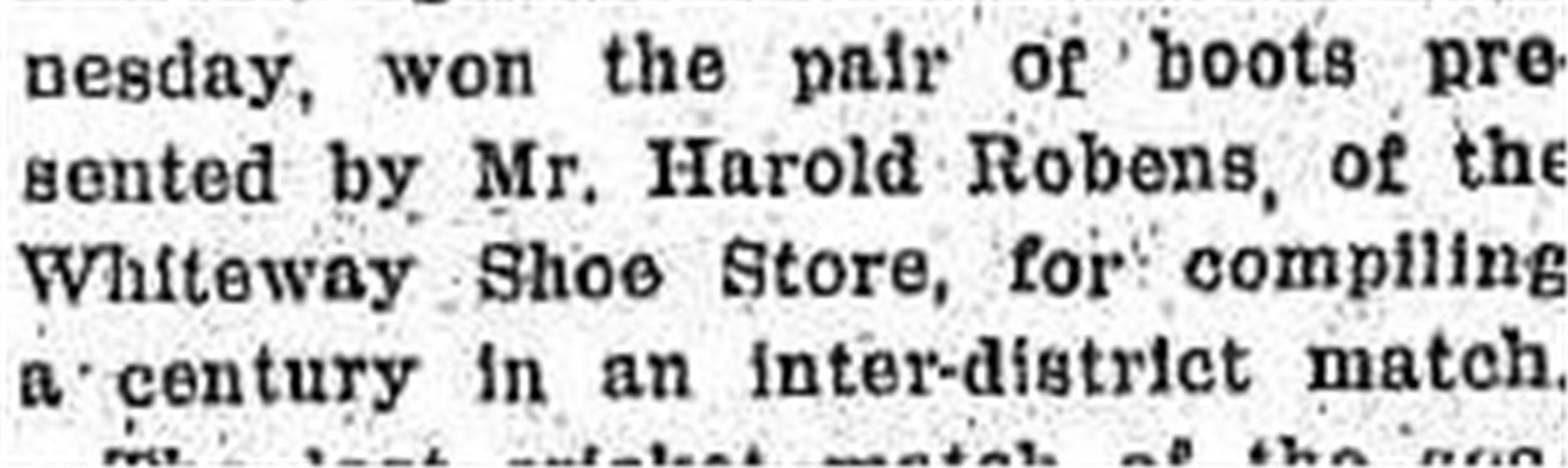 Newspaper item recording that Cecil Pepper won the pair of boots presented by Mr Harold Robens of the Whiteway Shoe Store for compiling a century.