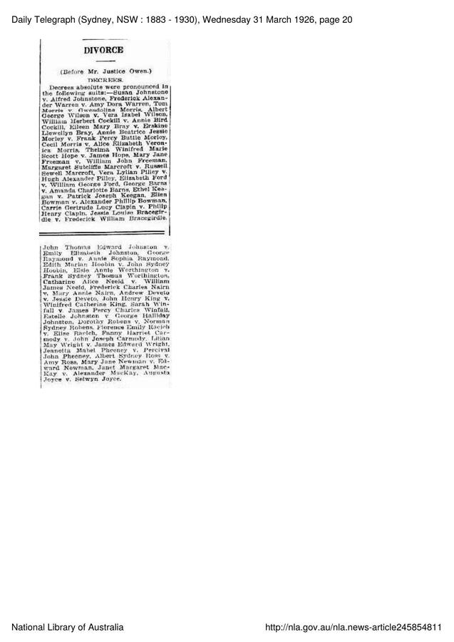 Divorce column from the Daily Telegraph of 31 March 1926 listing decrees absolute.