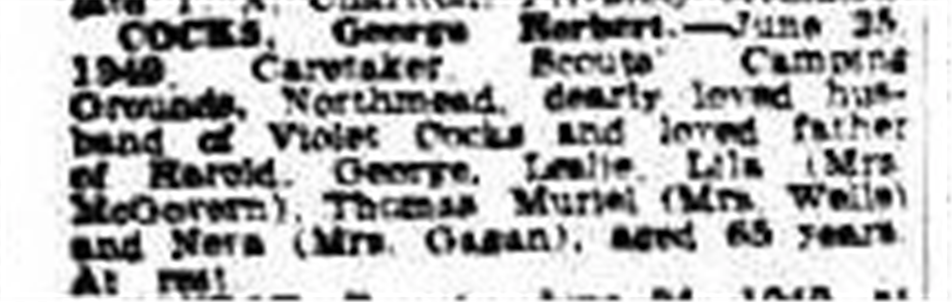 Newspaper death notice for George Herbert Cocks, caretaker of the Scouts’ Camping Grounds at Northmead, naming his wife Violet and seven children.