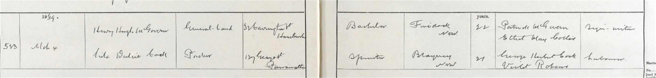 Marriage register entry number 543 of 4 March 1939 for Henry Hugh McGovern and Lila Dulcie Cock, showing the bride’s parents as George Herbert Cock, labourer, and Violet Robens.