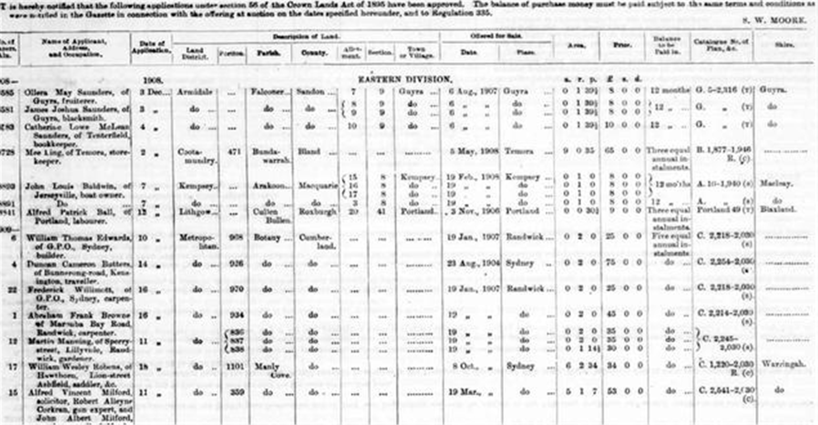 Table from the New South Wales Government Gazette listing approved after-auction Crown land purchases, with entry 17 for William Wesley Robens.