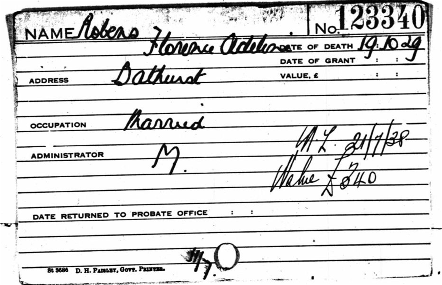 Handwritten probate index card numbered 123340 for Florence Adelaide Robens of Bathurst, date of death 19 October 1929.