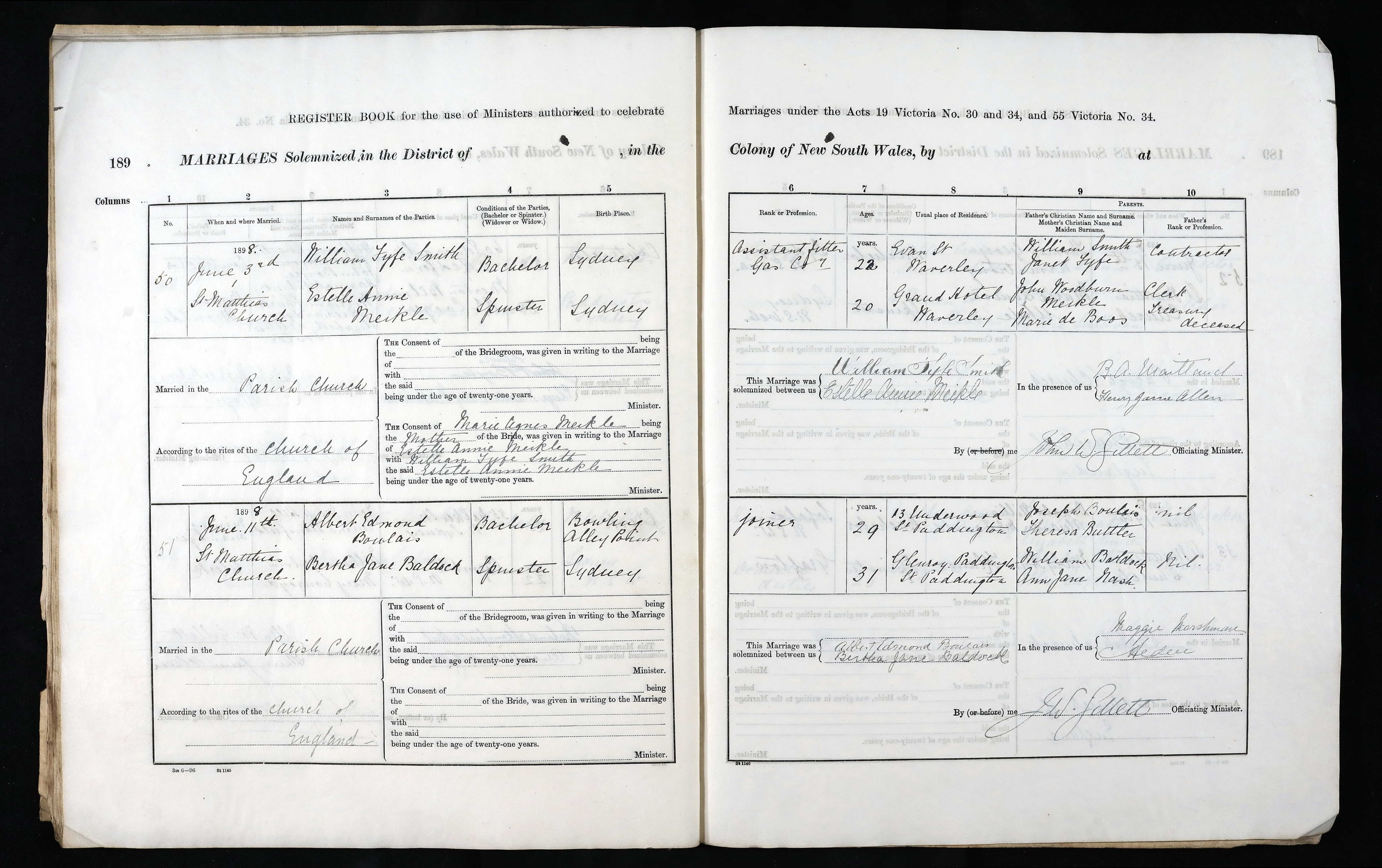 NSW marriage register, St Matthias’ Church, 11 June 1898: Albert Edmond Boulais, joiner, and Bertha Jane Baldock, her father given as William Baldock (deceased) and mother Ann Jane Nash.