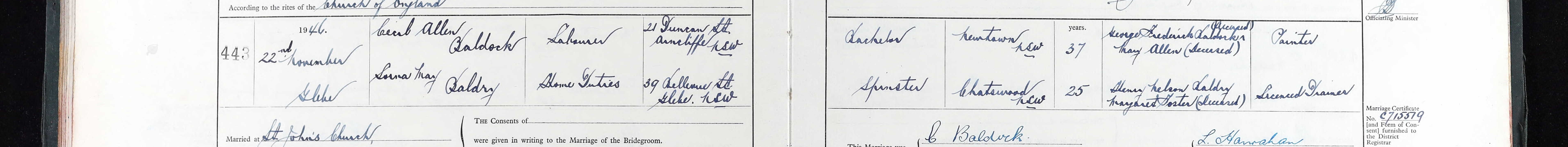 Marriage register entry No. 443 recording the marriage of Cecil Allen Baldock, labourer of Arncliffe, and Lorna May Baldry, of Chatswood, on 22 November 1946 at St John’s Church, Bishopthorpe, Glebe.