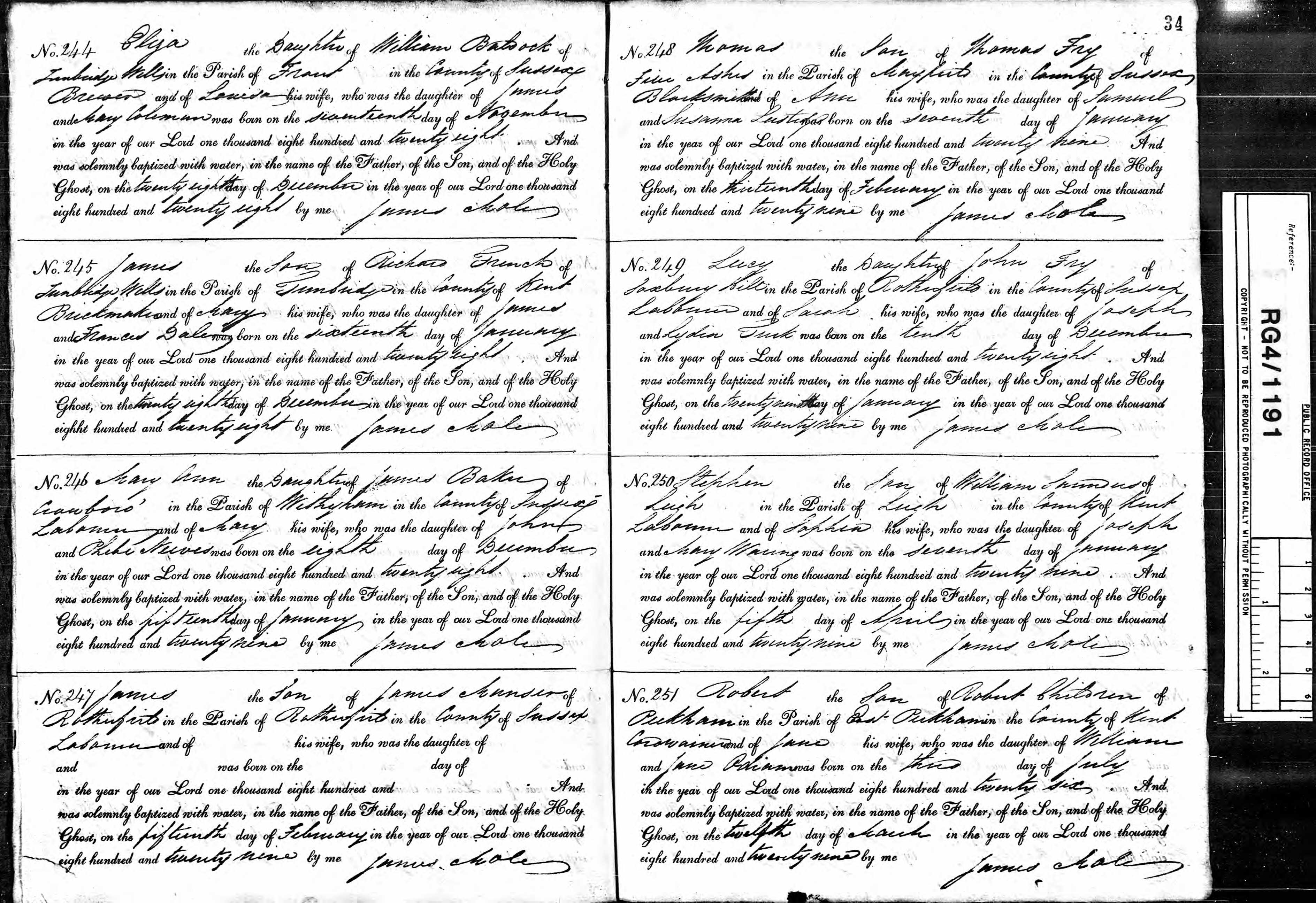 Frant parish baptism register page, entry No. 244, for Eliza, daughter of William Baldock of Tunbridge Wells, brewer, and of Louisa his wife, daughter of James and Mary Coleman, born 17 November 1828.