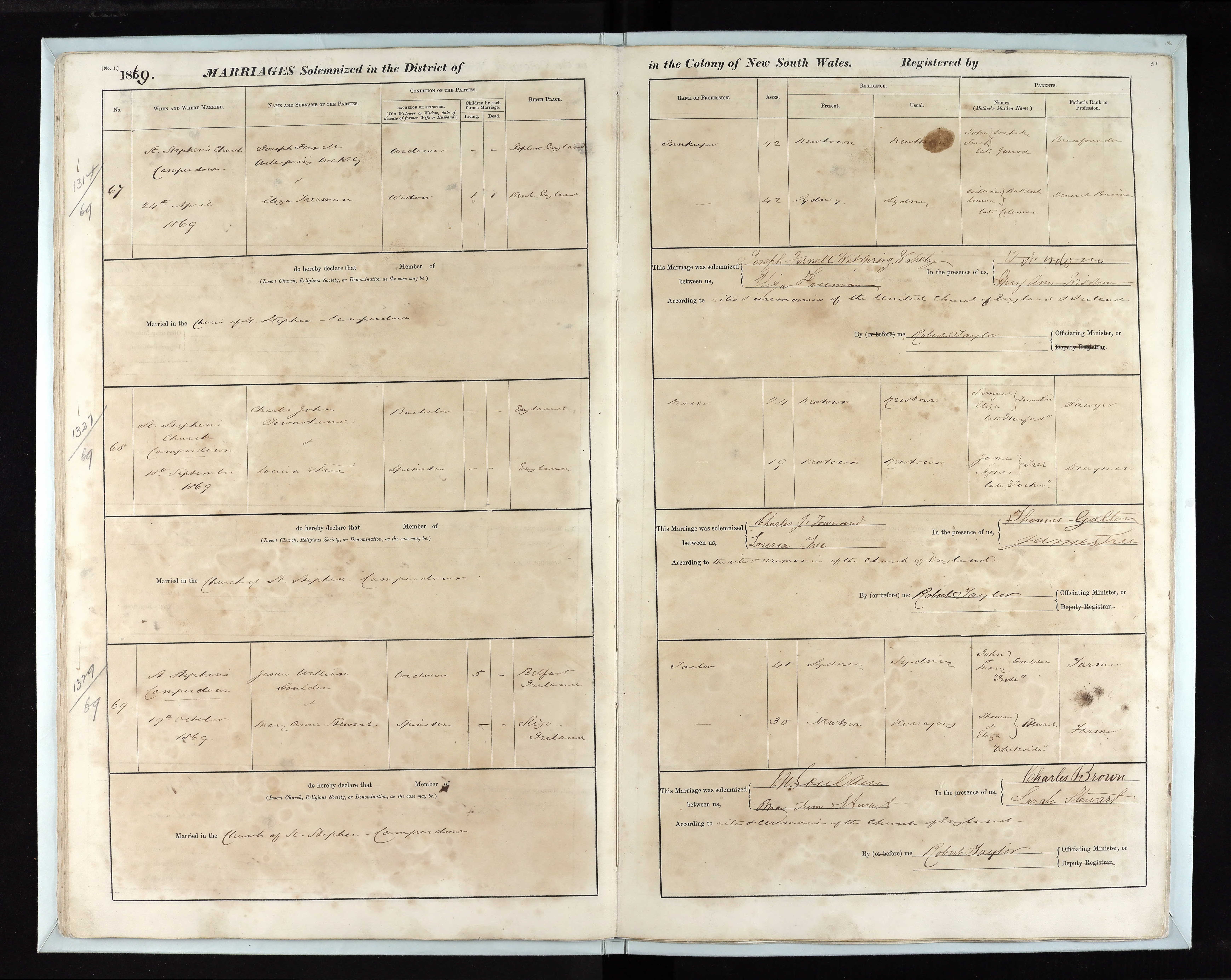 NSW marriage register, St Stephen’s Church, Camperdown, 24 April 1869: Joseph Farnell Welspring Wakely, widower, and Eliza Freeman, widow, her parents given as William Baldock and Louisa, late Coleman.