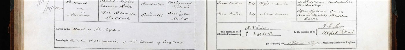 A handwritten church marriage register entry for Alfred Alexander Loise, bachelor, and Ethel Blanche Baldock, spinster, married 2 March 1904 at St Stephen’s, Newtown.