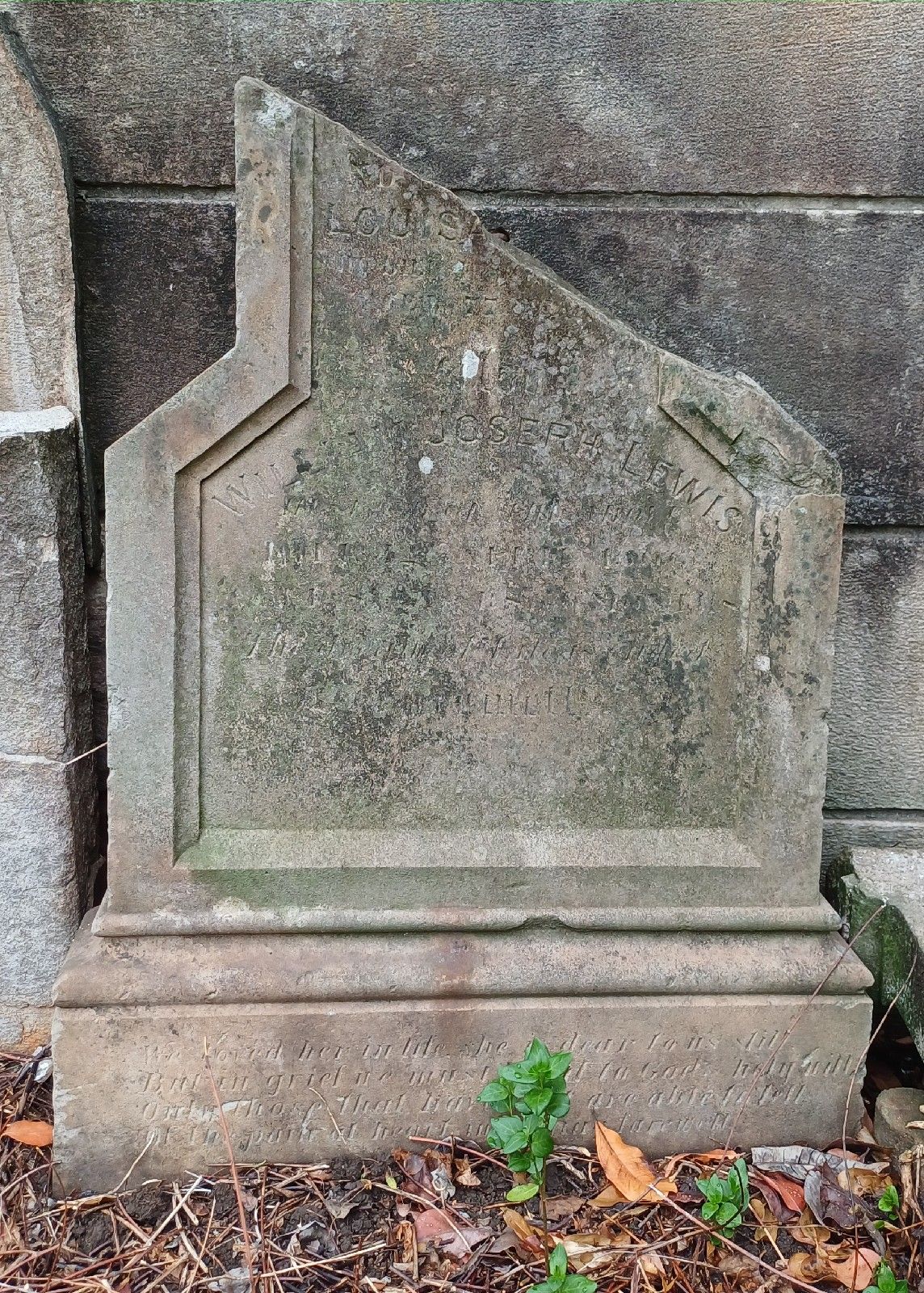 Weathered sandstone headstone at Camperdown Cemetery, Newtown, inscribed for William Joseph Lewis and Louisa, his wife — the eldest Baldock daughter and her husband.