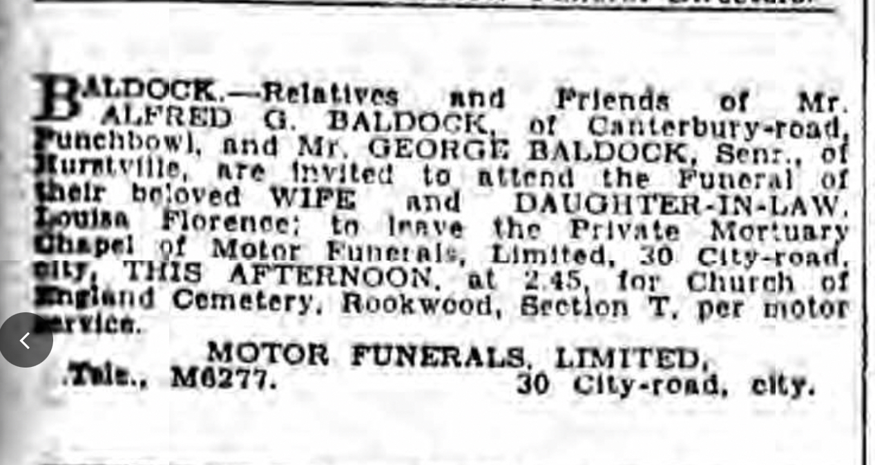 A newspaper funeral notice for Louisa Florence Baldock, naming her husband Alfred G. Baldock of Canterbury Road, Punchbowl, and her father-in-law George Baldock senior of Hurstville, and directing mourners to Church of England Cemetery, Rookwood.