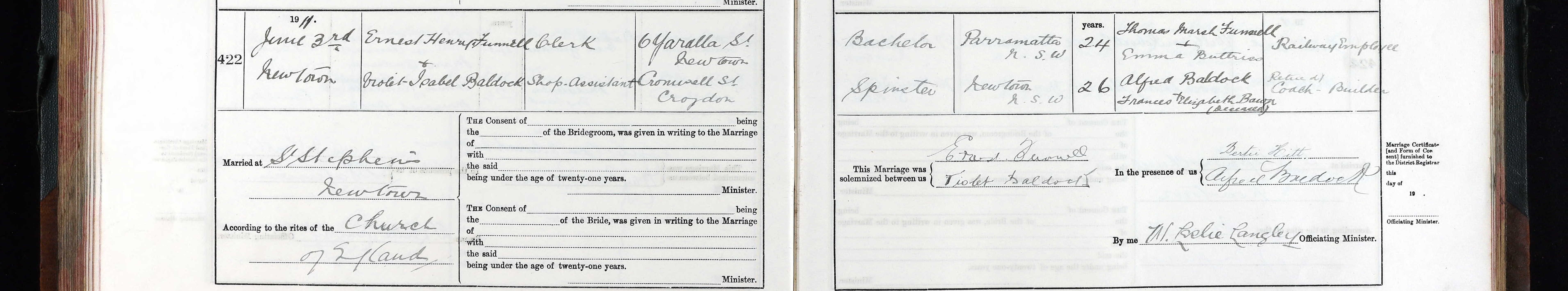 A handwritten church marriage register entry, number 422, recording the marriage of Ernest Henry Funnell, clerk, and Violet Isabel Baldock, shop assistant, on 3 June 1911 at St Stephen’s, Newtown, with the parties’ parents, birthplaces and ages entered on the facing page.