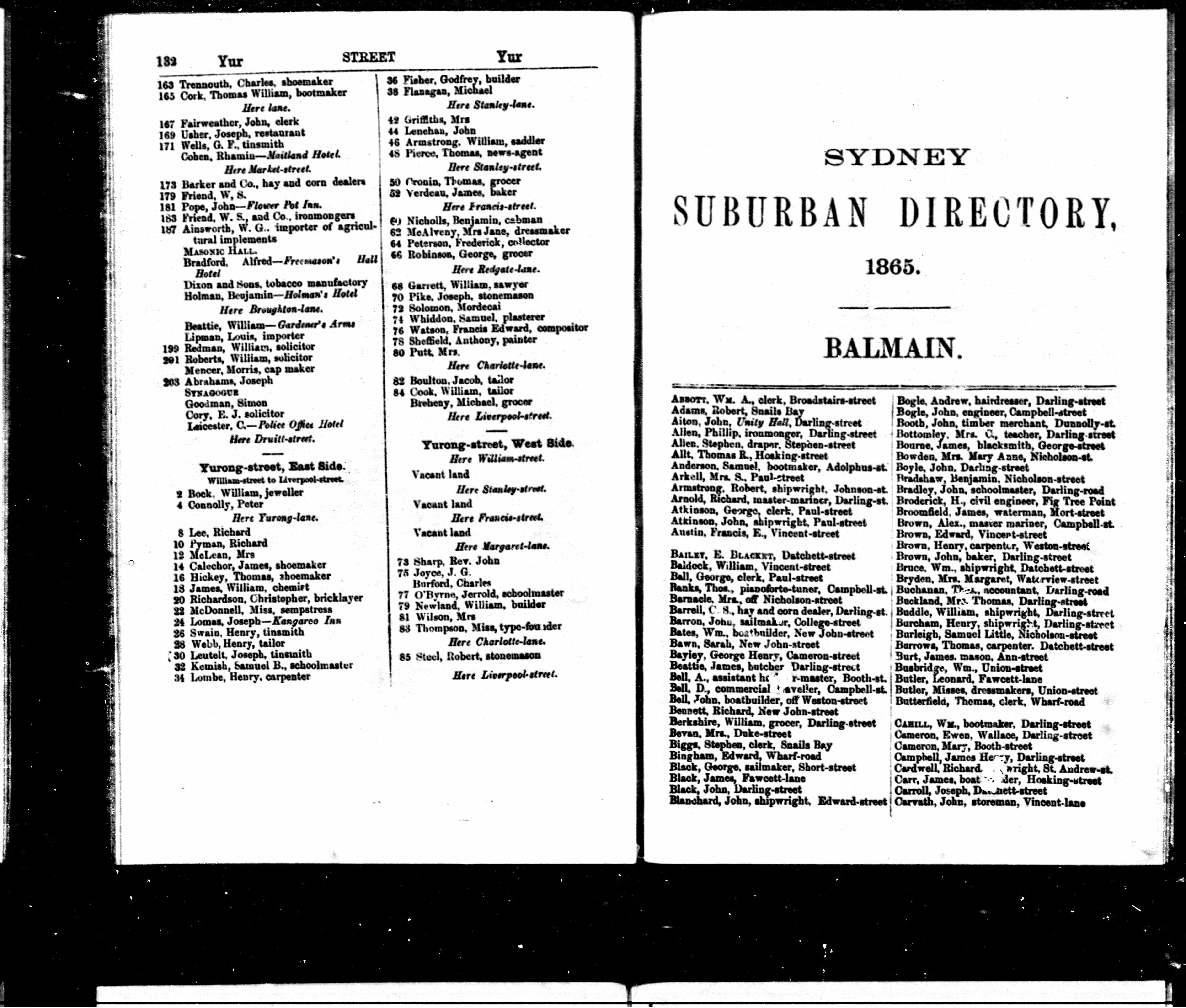 Page from the Sydney Suburban Directory, 1865, Balmain section, listing "Baldock, William, Vincent-street" among Balmain residents.