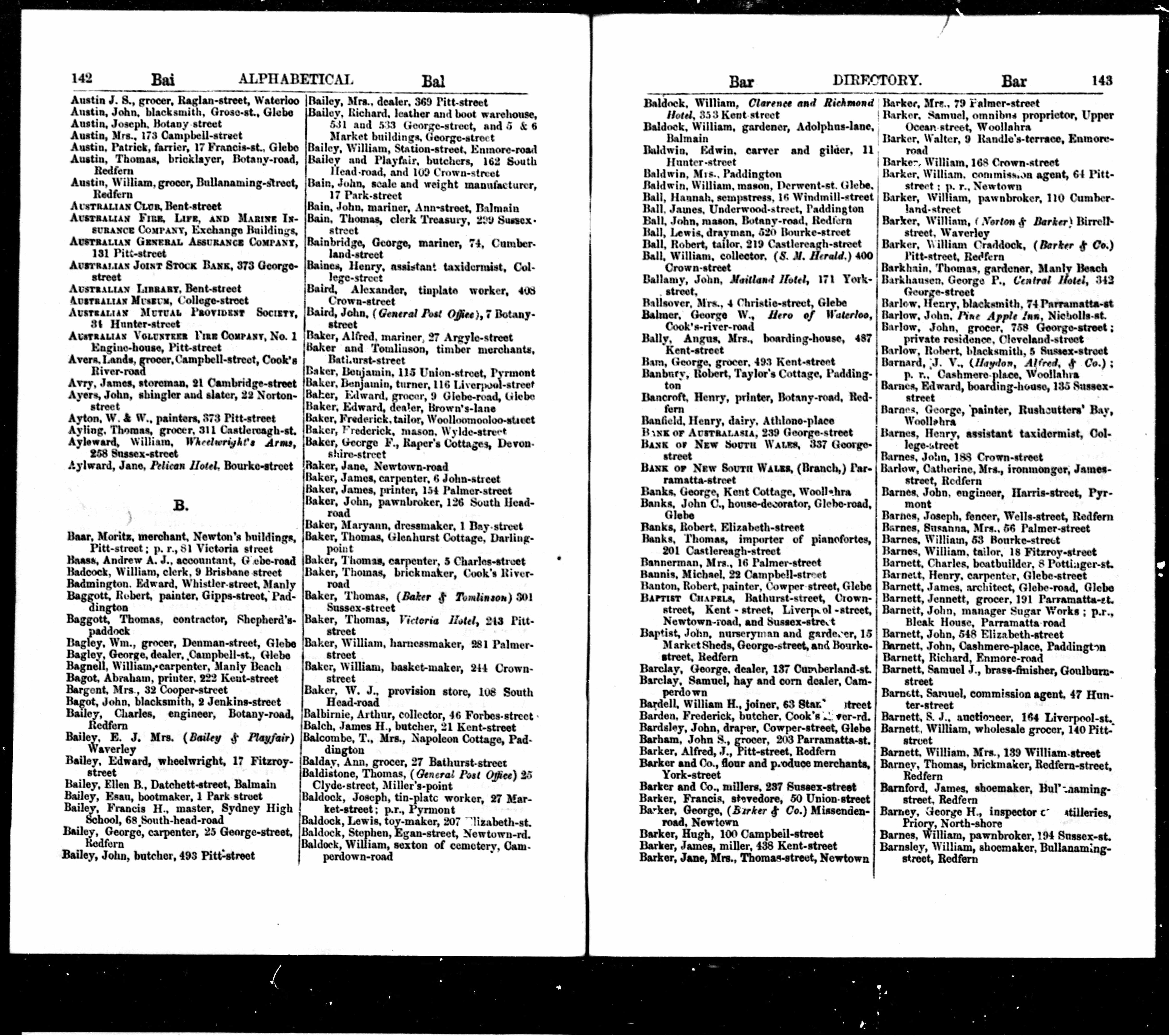 Page from a mid-1860s Sydney directory listing "Baldock, William, gardener, Adolphus-lane, Balmain" among other Sydney tradespeople and residents surnamed Baldock and Barker.