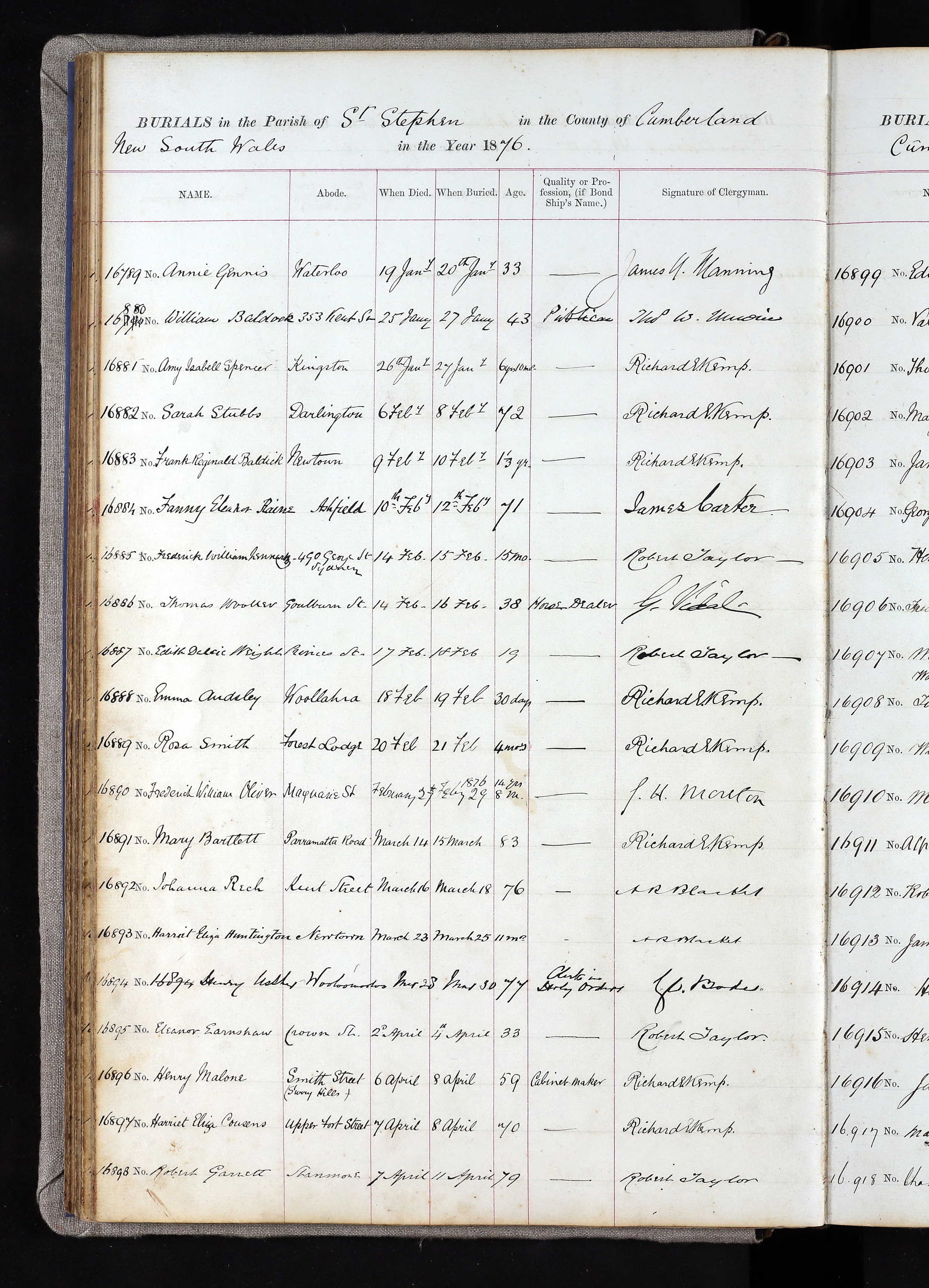 St Stephen’s parish burial register, 1876: entry for William Baldock, 353 Kent Street, died 25 January, buried 27 January, aged 43, occupation publican.