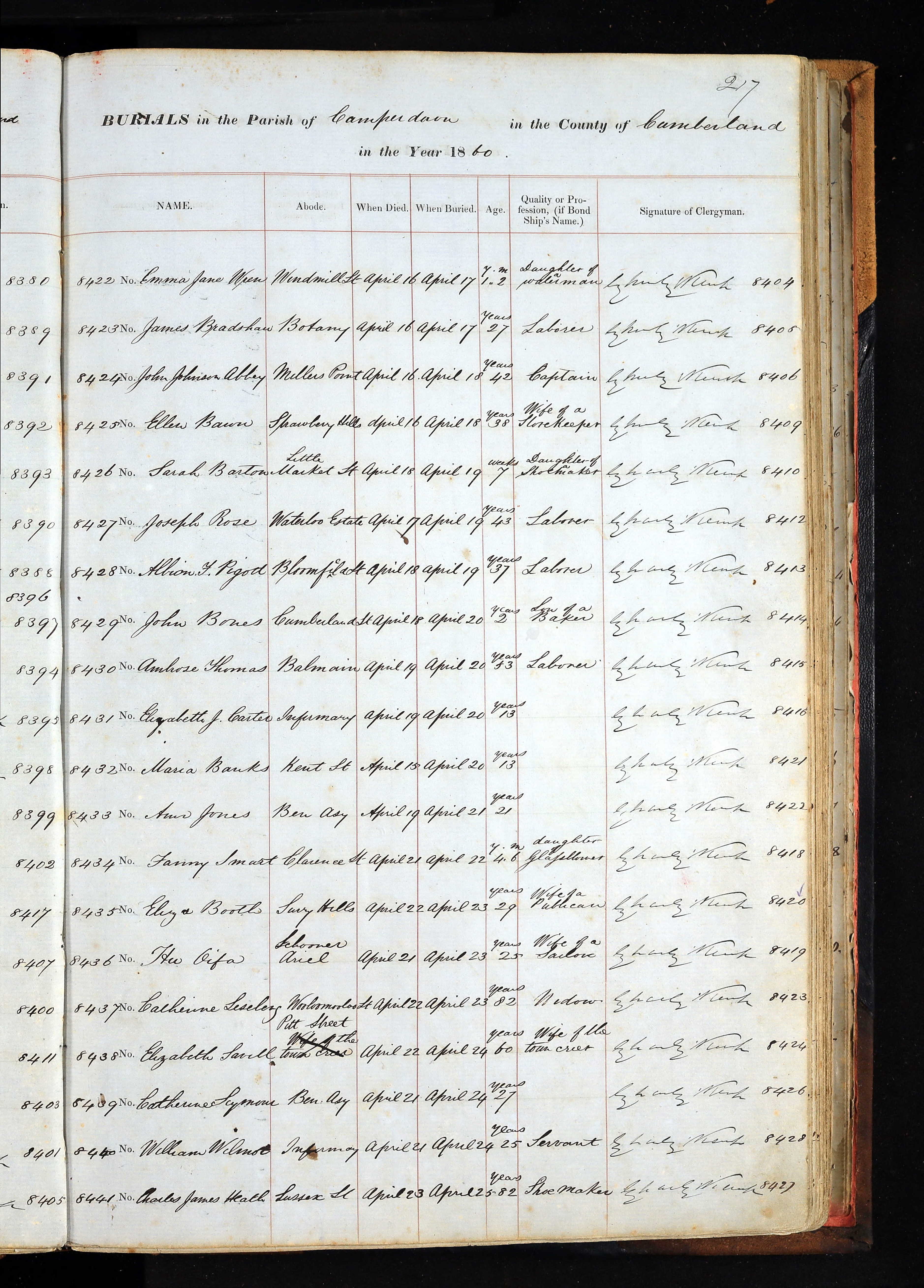 A page from the Anglican burial register for the Parish of Camperdown, 1860, recording among that April’s burials an entry for Ellen Bawn of Strawberry Hills, aged 38, described as the wife of a storekeeper.