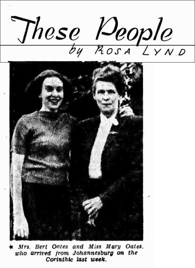 Newspaper photograph of an older woman in a dark suit with a white blouse and a young woman in a knitted jumper standing together outdoors.