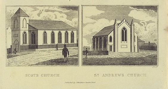A pair of small 1838 engravings side by side: on the left the Scots Church, a long gabled church with a square tower; on the right St Andrew’s Church, a Gothic-fronted church with corner pinnacles and a tall pointed window, figures walking in the street outside.