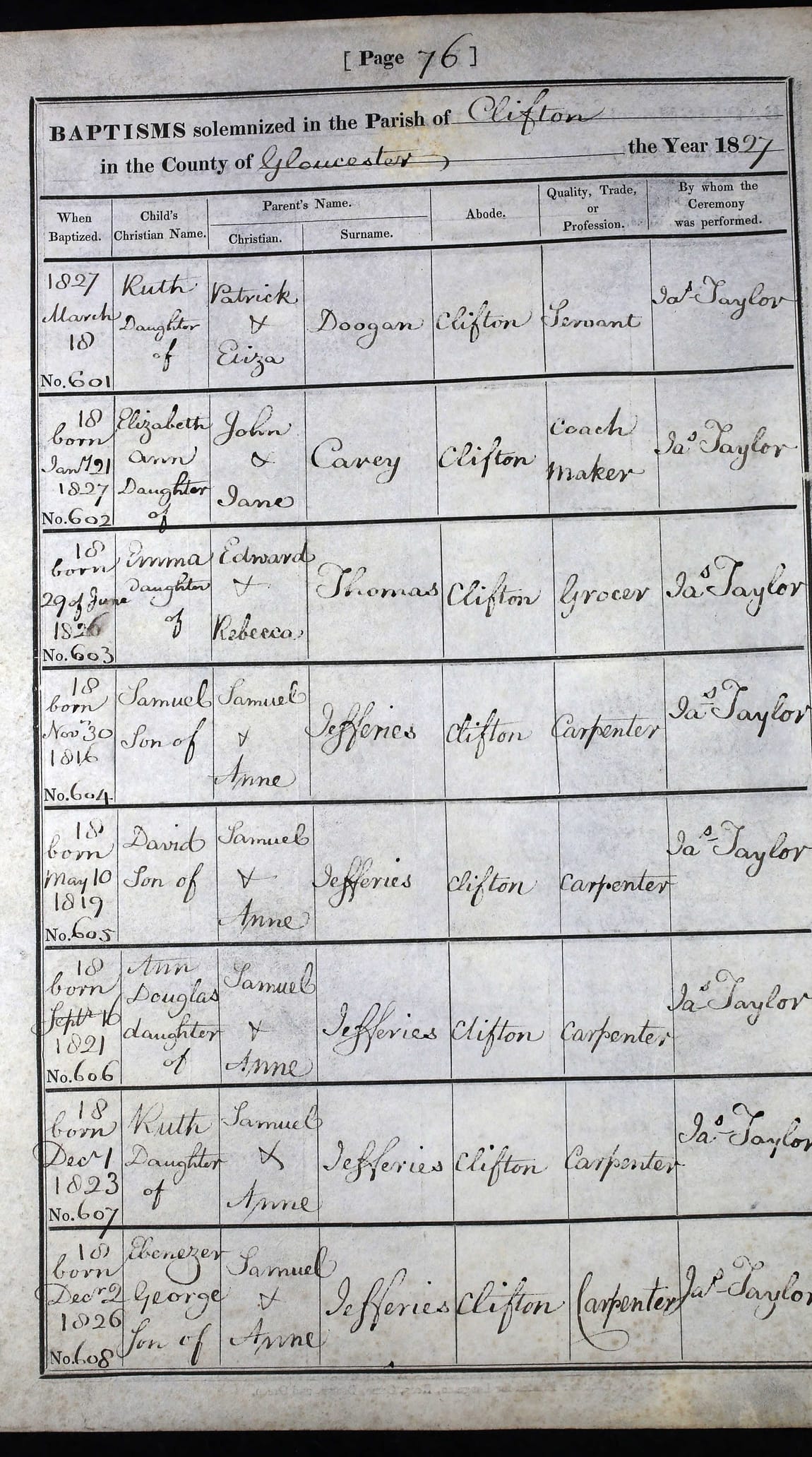 A ruled parish-register page headed “Baptisms solemnized in the Parish of Clifton … 1827,” filled in a copperplate hand. The last five entries, numbers 604 to 608, are all children of Samuel and Anne “Jefferies” of Clifton, carpenter — Samuel, David, Ann Douglas, Ruth, and at the foot Ebenezer George, born 2 December 1826.