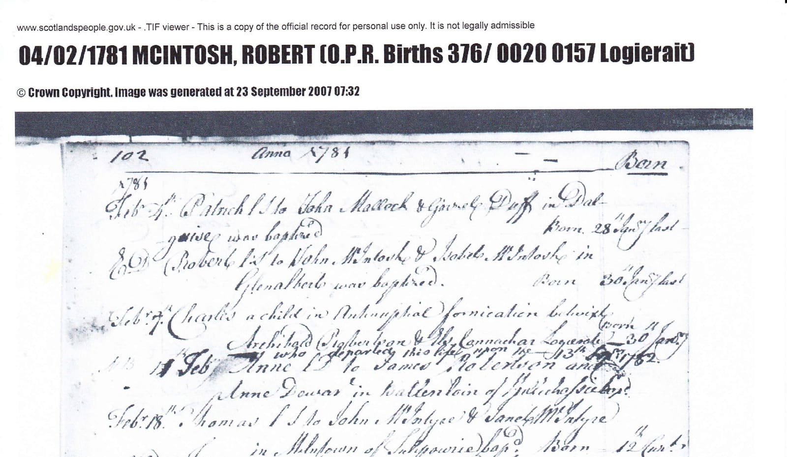 A page from the Logierait Old Parochial Register for February 1781, recording in cursive ink the baptism of Robert, lawful son to John M’Intosh and Isobel M’Intosh in Glenalbert.