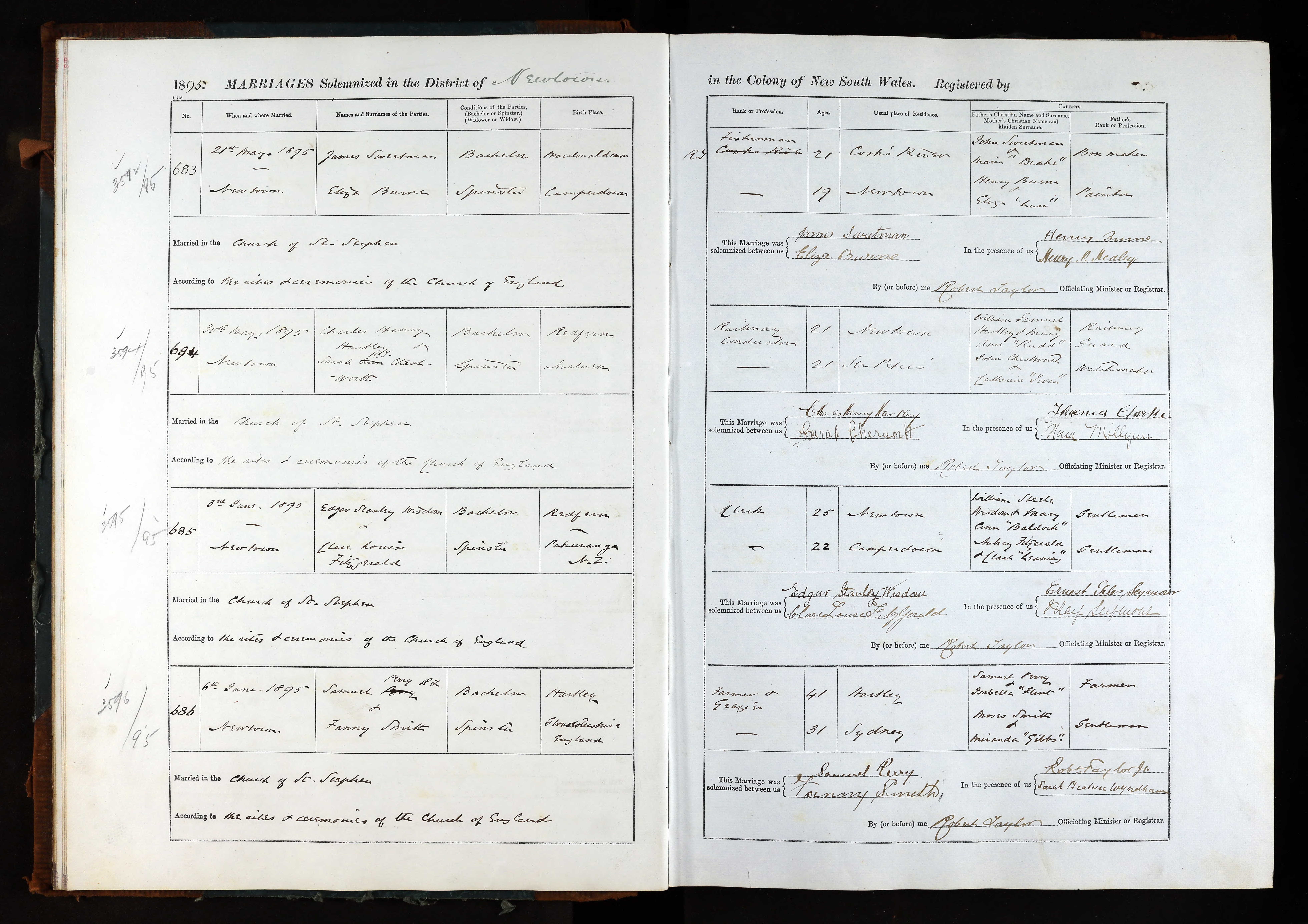 NSW marriage register, District of Newtown, 1895: entry no. 685, Edgar Stanley Wisdom, bachelor, clerk, to Clare Louise Fitzgerald, spinster, born Pakuranga, New Zealand, married 3 June 1895.