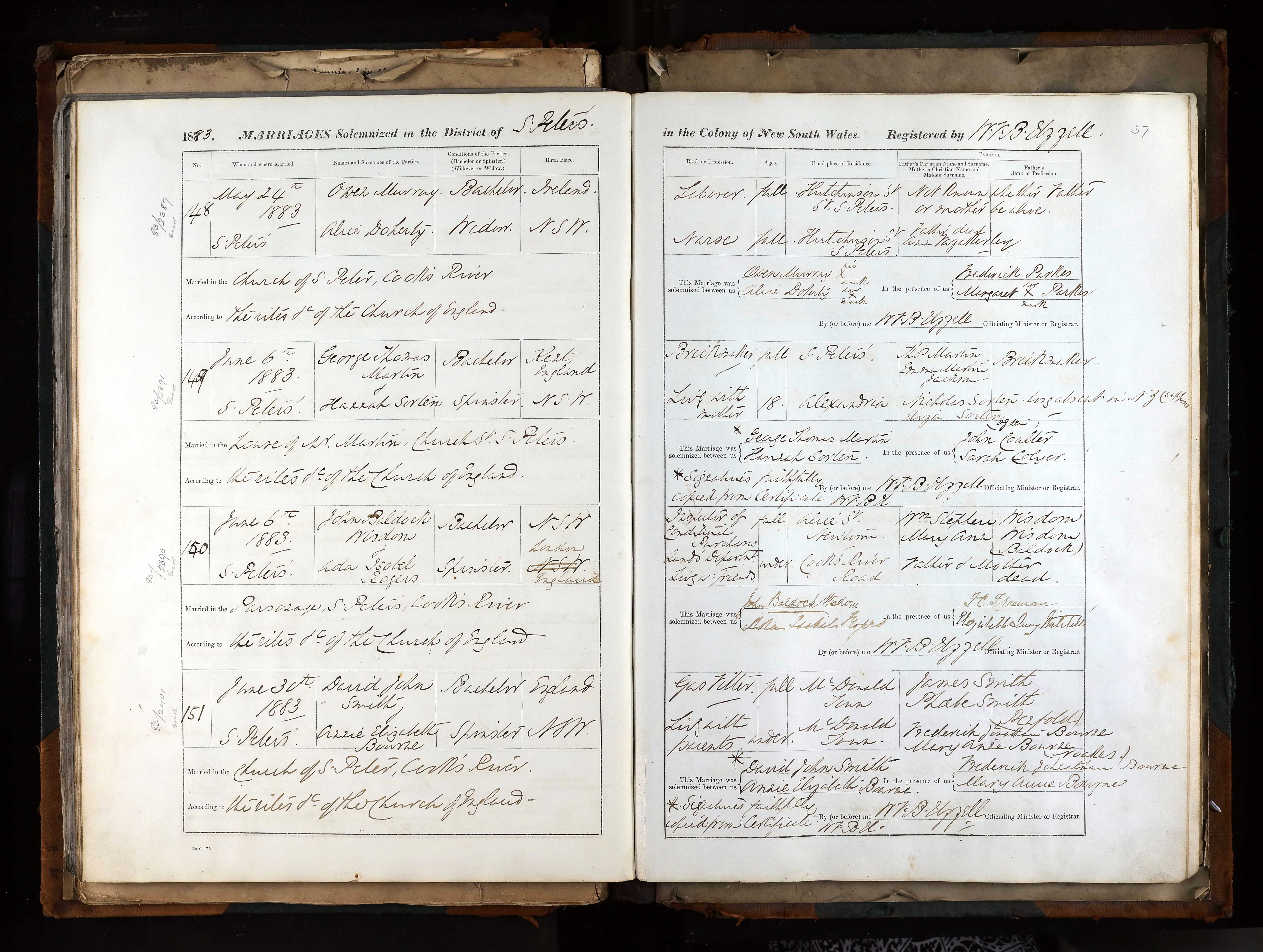 NSW marriage register, District of St Peter’s, 1883: entry no. 150, John Baldock Wisdom, bachelor, to Ada Isobel Rogers, spinster, married 6 June 1883, parents William Stephen and Mary Ann Wisdom (Baldock) named for the groom.